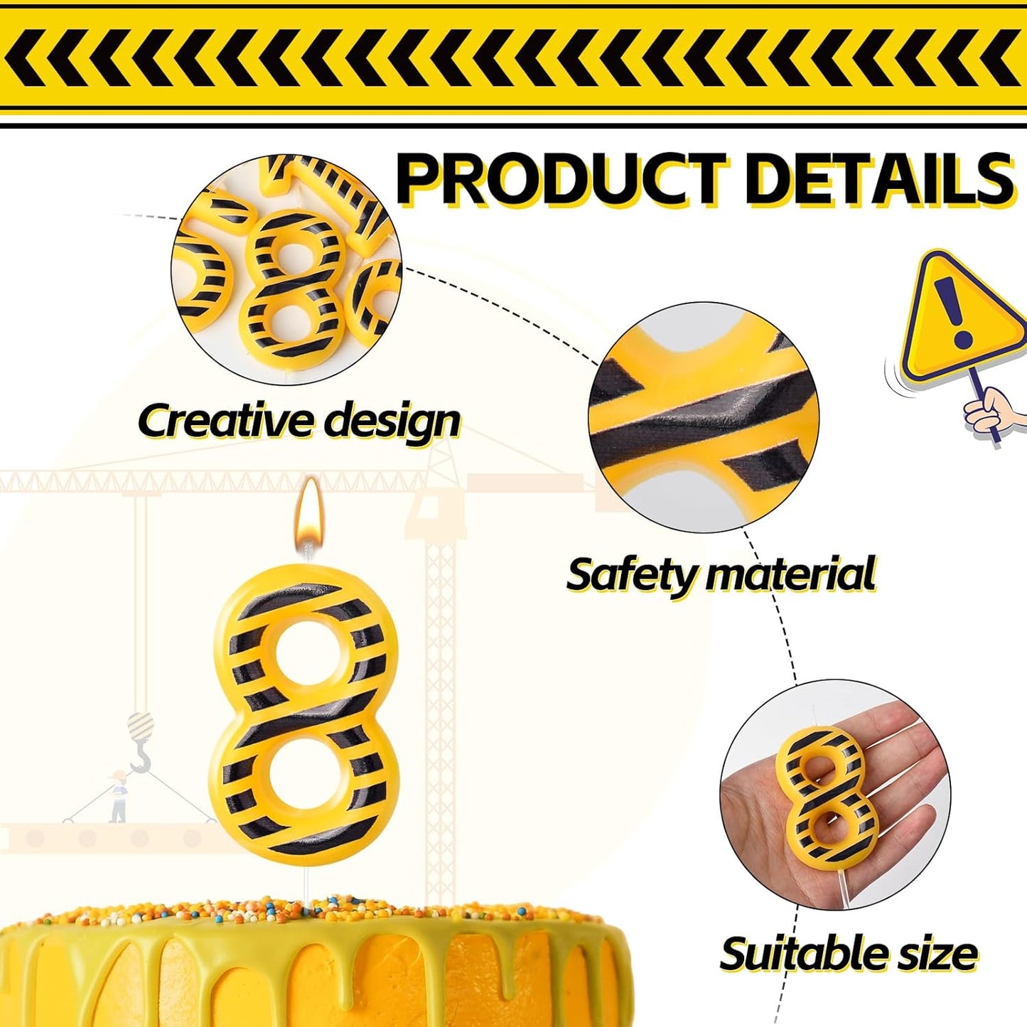 Construction Themed Birthday Candles Number 8 Candle Birthday Party Decoration Cake Topper for Construction Party Decoration Theme Party Supplies (Number 8)