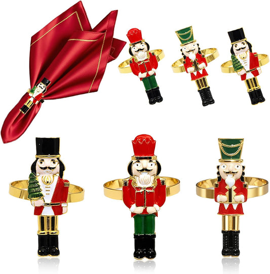 Christmas Nutcracker Napkin Rings Set of 6 for Thanksgiving New Year Wedding Banquet Decor,Gold Walnut Soldier Napkin Rings Holder for Baby Shower Brithday Holiday Family Dinner Table Setting
