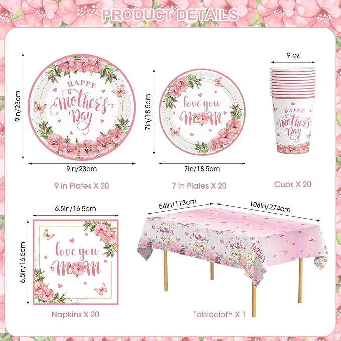 81 Pcs Happy Mothers Day Decorations Set, Includes Happy Mothers Day Dinner Paper Plates, Love You Mon Dessert Plates Napkins, Pink Tablecloth and Cups for Mother Days Party Supplies, Serves 20