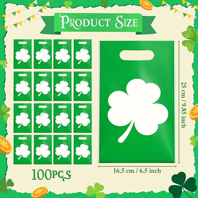 Supervitae 100 Pcs St. Patrick's Day Party Gift Bags Green Irish Shamrock Favor Bags Bulk with Window & Handles for Snacks Goodie Candy Treat Ireland Party Supplies