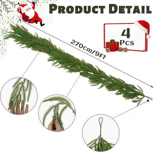 4 Pcs 9FT Christmas Garland, Christmas Decorations, Artificial Norfolk Pine Garland, Faux Greenery Garland for Mantle Fireplace Table Door Wall Upstairs Indoor Outdoor Holiday Xmas Decor