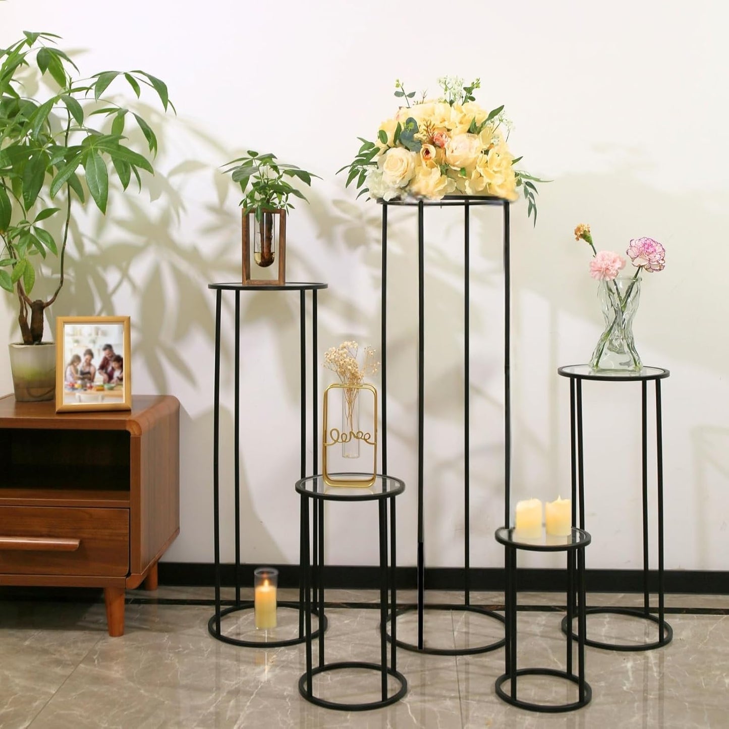 5PCS Round Black Plant Stand Flower Stand for Party, Tall Metal Pedestal Stands for Display Decoration, Cake, Birthday, Wedding, Baby or Bridal Shower, Cylinder Column for Desserts