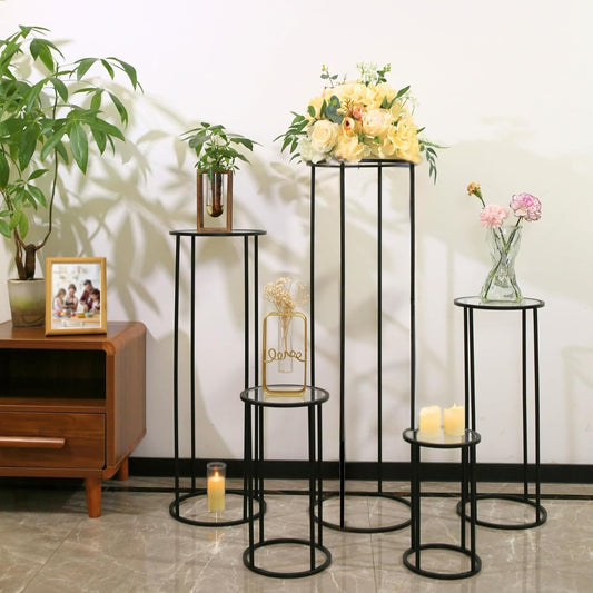 5PCS Round Black Plant Stand Flower Stand for Party, Tall Metal Pedestal Stands for Display Decoration, Cake, Birthday, Wedding, Baby or Bridal Shower, Cylinder Column for Desserts