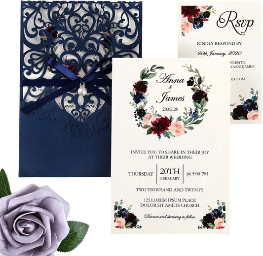 5X7.2 Inch 50PCS Personalized Laser Cut Navy Blue Wedding Invitations with RSVP Cards and Envelopes, Wedding Invitation Cards with Ribbon Belly Band Pearl Embellishments