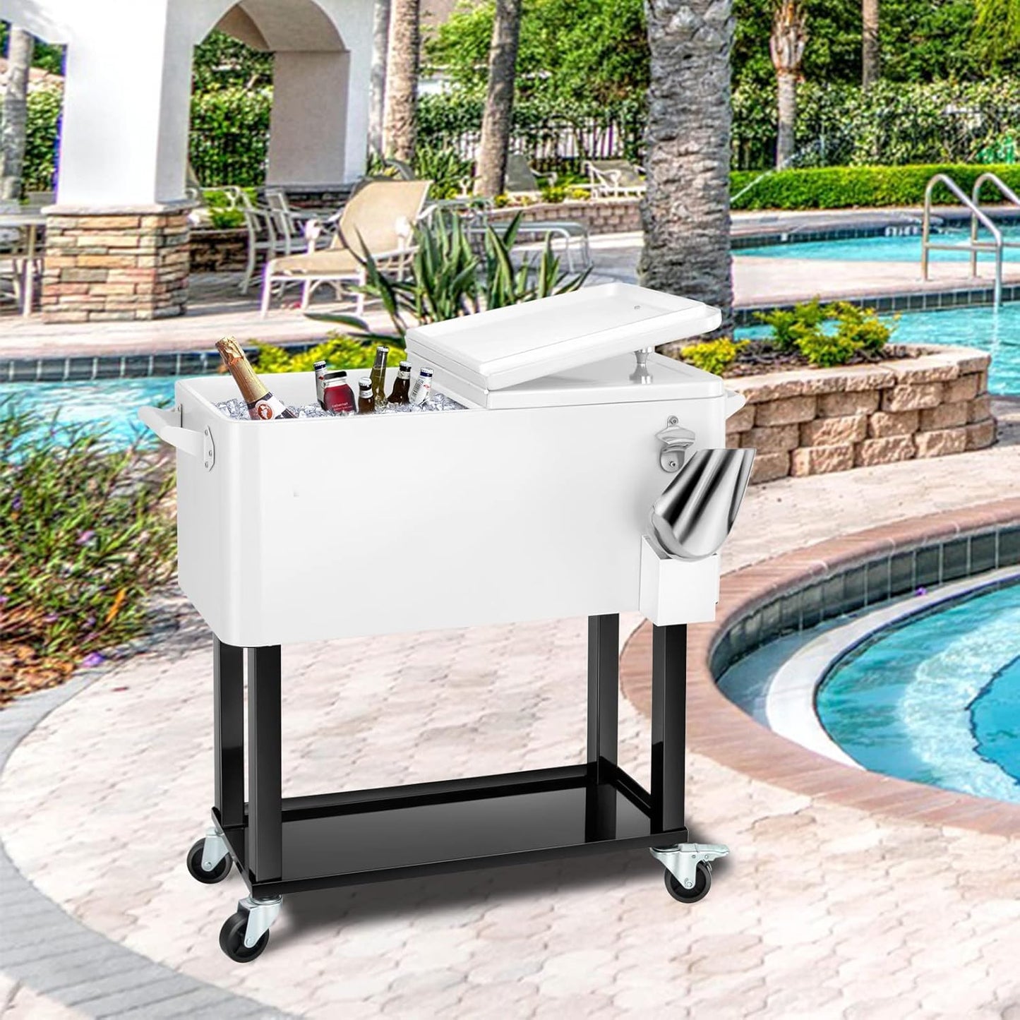 EDOSTORY 80 Quart Rolling Ice Chest Cooler Cart,Patio Backyard Party Drink Beverage Bar Stand Up Cooler Trolley with Ice Scoop