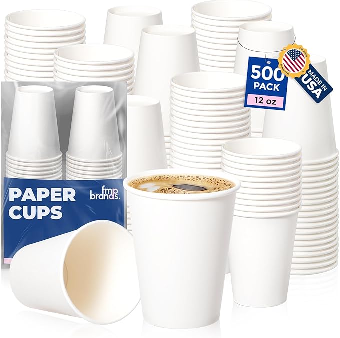 Fit Meal Prep 500 Pack 12 oz Disposable Paper Coffee Cups, Premium White Hot Cups for Hot/Cold Beverage, Durable Thickened Paper Cup Bulk for Office, Bussines, Cafes, Bistros, Party