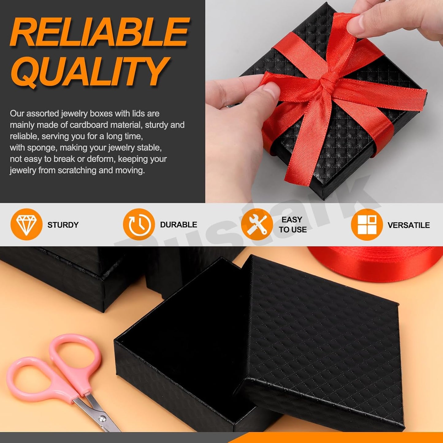 Rustark 12Pcs 9x9x3cm / 3.5x3.5x1 Inch Black Cardboard Jewelry Gift Boxes with Stain Ribbon and Scissor, Small Gift Box with Lid for Necklaces, Rings, Bracelets, Earrings, Pendant, Jewelry