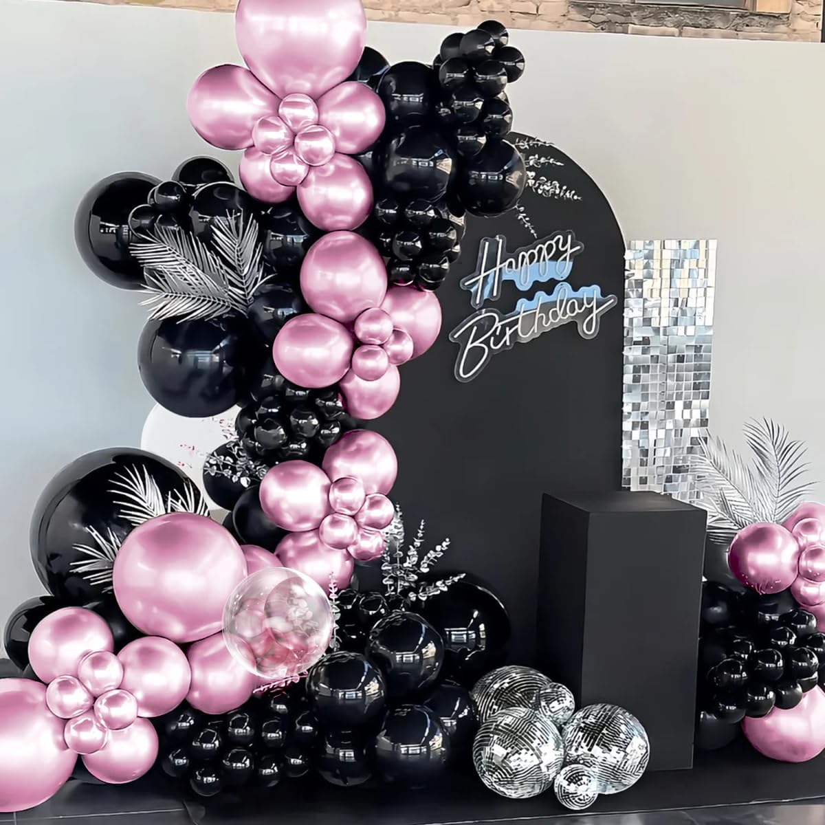 Metallic Pink Black Balloons Arch Kit, 151Pcs Black Chrome Pink and Bobo Balloons Garland 18 12 10 5 inch for Birthday Wedding Bachelorette Anniversary Halloween Christmas Party Decorations