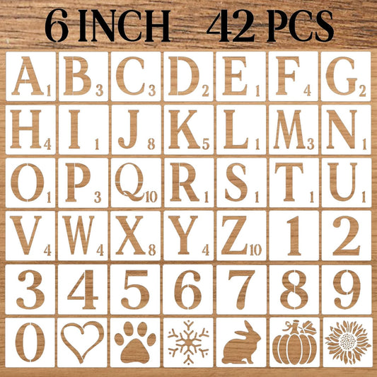 6 Inch Letter Stencils Numbers Craft Stencils, 42 Pcs Reusable Plastic Alphabet Drawing Templates for Painting on Wood, Wall, Fabric, Rock, Signage, Door Porch, DIY Art Projects