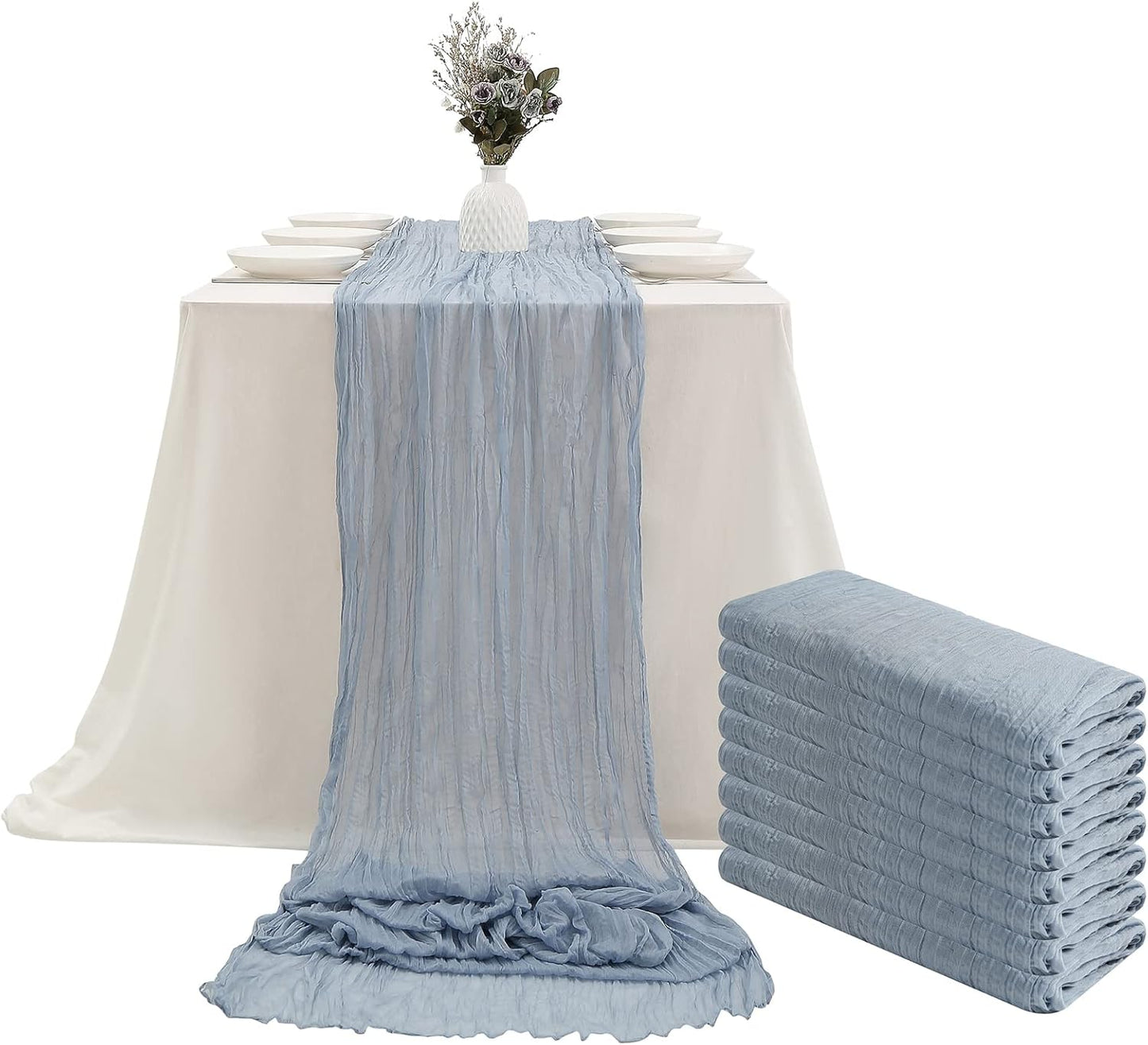 DOLOPL 8PCS Dusty Blue Cheesecloth Table Runner Bulk 13.3ft Boho Gauze Cheese Cloth Table Runner Rustic Sheer Runner 160inch Long for Wedding Bridal Baby Shower Birthday Party Cake Table Decorations