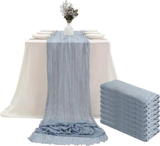 DOLOPL 8PCS Dusty Blue Cheesecloth Table Runner Bulk 13.3ft Boho Gauze Cheese Cloth Table Runner Rustic Sheer Runner 160inch Long for Wedding Bridal Baby Shower Birthday Party Cake Table Decorations