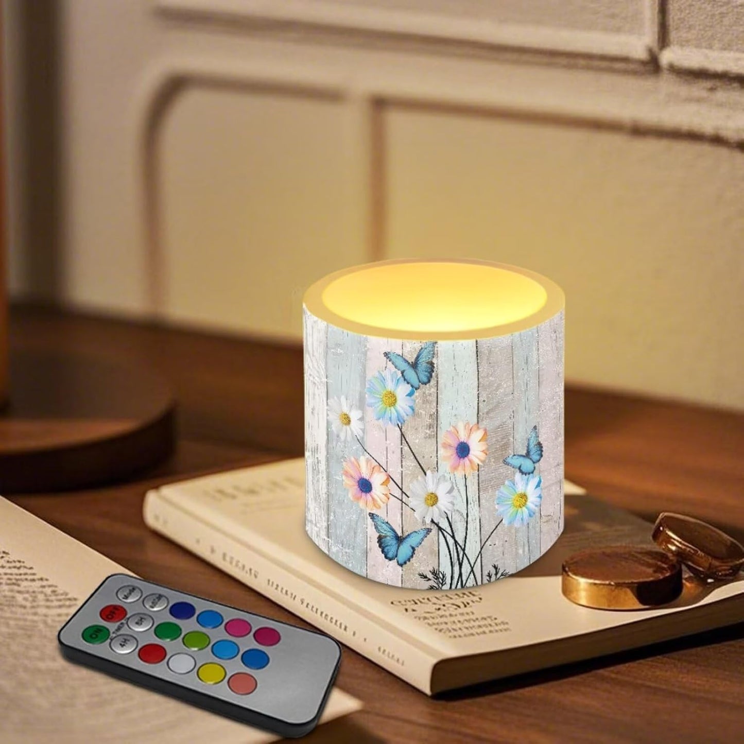Poceacles LED Flameless Candles Set of 4 Multi-Color Battery Operated Fake Flickering Candles with Remote and Timer, for Holiday Festival Wedding Decorations, Daisy Flower Butterfly Wood Grain