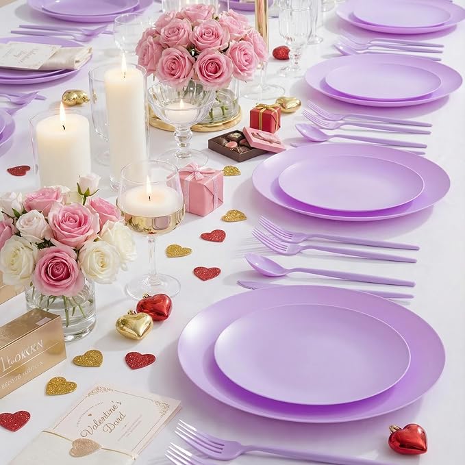 EI 150pcs Purple Plastic Plates for Party,Fancy Disposable Plates,Heavy Duty Plastic Dinnerware Set for Wedding,Easter,Afternoon Tea Party,Spring,Mother's Day,Valentine's Day