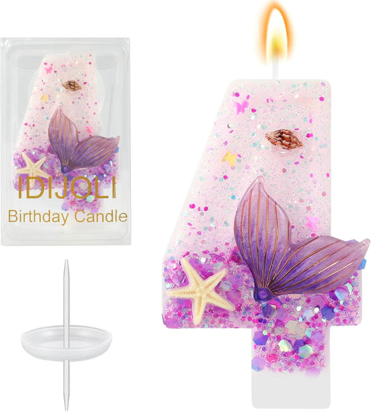 Purple Number 4 Candles Mermaid Birthday Candle 4th Birthday Cake Topper Cupcake Decorations for Girls and Women Party Decor Anniversary Celebrations Supplies Favors