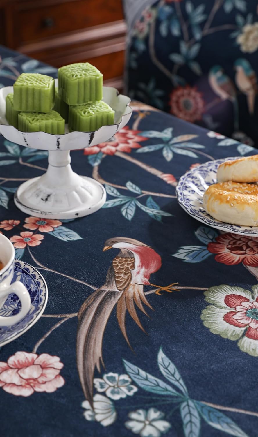 patdrea Designer Dark Blue Linen Rectangular Tablecloth,Vintage Navy French Floral and Birds Pattern Table Cloth,Decoration Table Cover for Kitchen,Dining,Tea Party,Home,Christmas,67"*118"