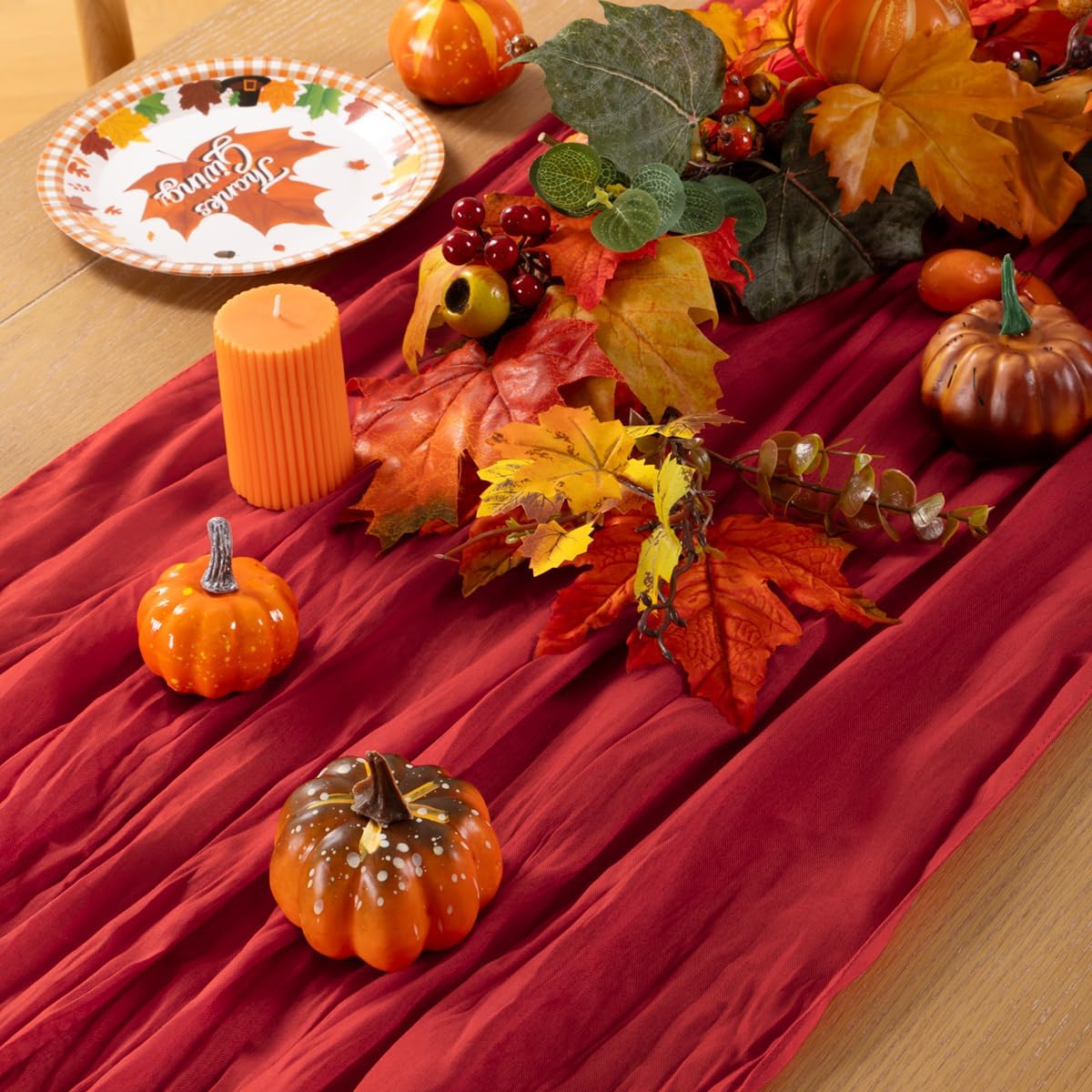MLMC Red Table Runner 10ft Boho Rustic Gauze Fall Cheesecloth Table Runner Cheese Cloth Decor 35x120 Inches for Halloween Wedding Reception Home Winter Christmas Decor