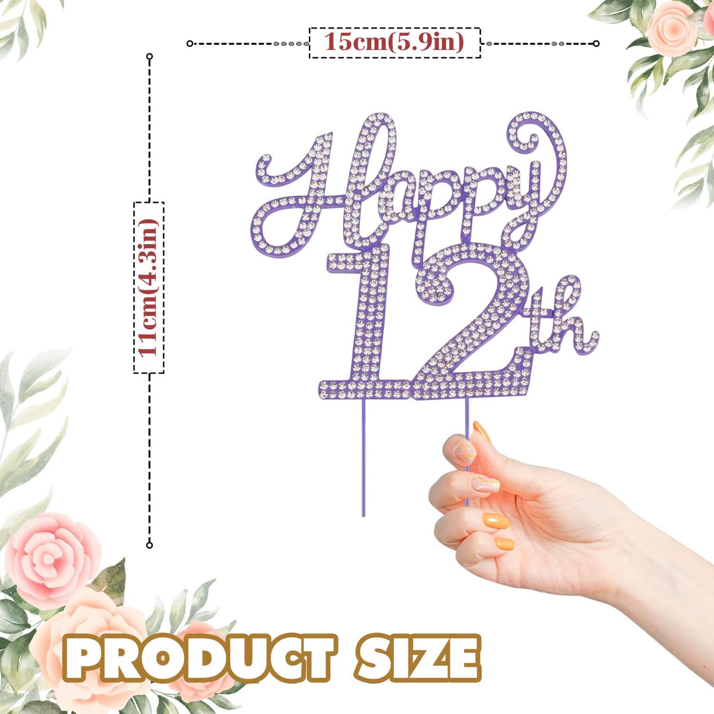 Happy 12th Birthday Purple Rhinestone Cake Topper - 12th Birthday/Anniversary,Cheers to Twelve Years Old Bday Party Metal Sparkly Centerpieces Decorations.
