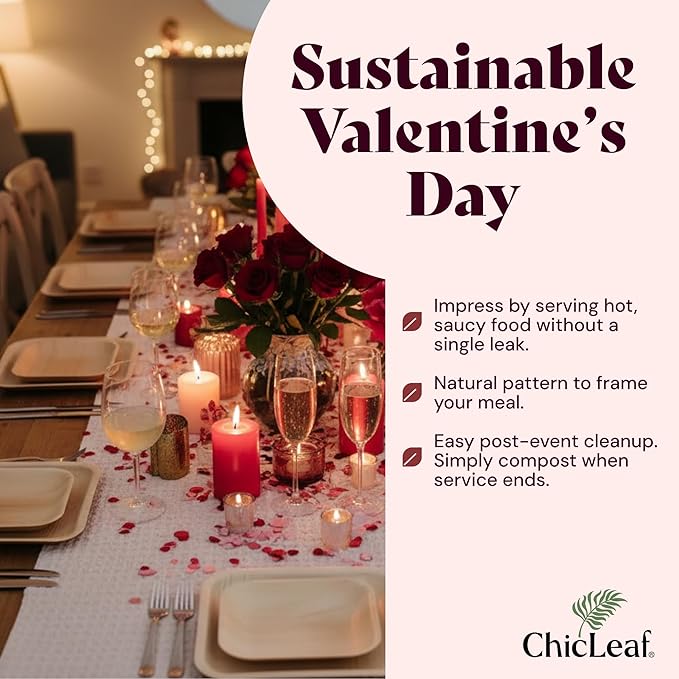 Chic Leaf Compostable Palm Leaf Plates & Cups Set - 10 In & 7 In Pack of 45, Natural - Biodegradable Tableware & Disposable Plates & Cups - Durable Bamboo Utensils, Valentine's Romantic Table Setting