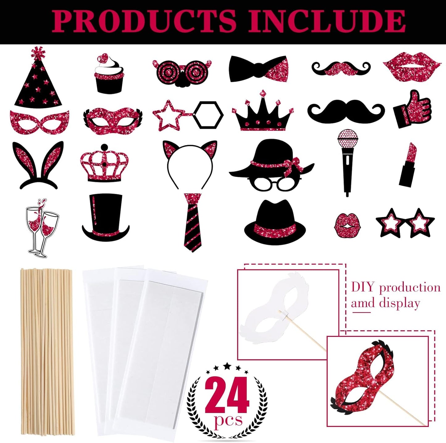 Zonon 24 Pieces Funny Photo Booth Props:Halloween,Christmas,Family Reunion, Class Reunion, Birthday, Weddings, Prom Disco Mardi Gras Party Supplies - Mix of Hats, Lipstick, Tie(Burgundy and Black)