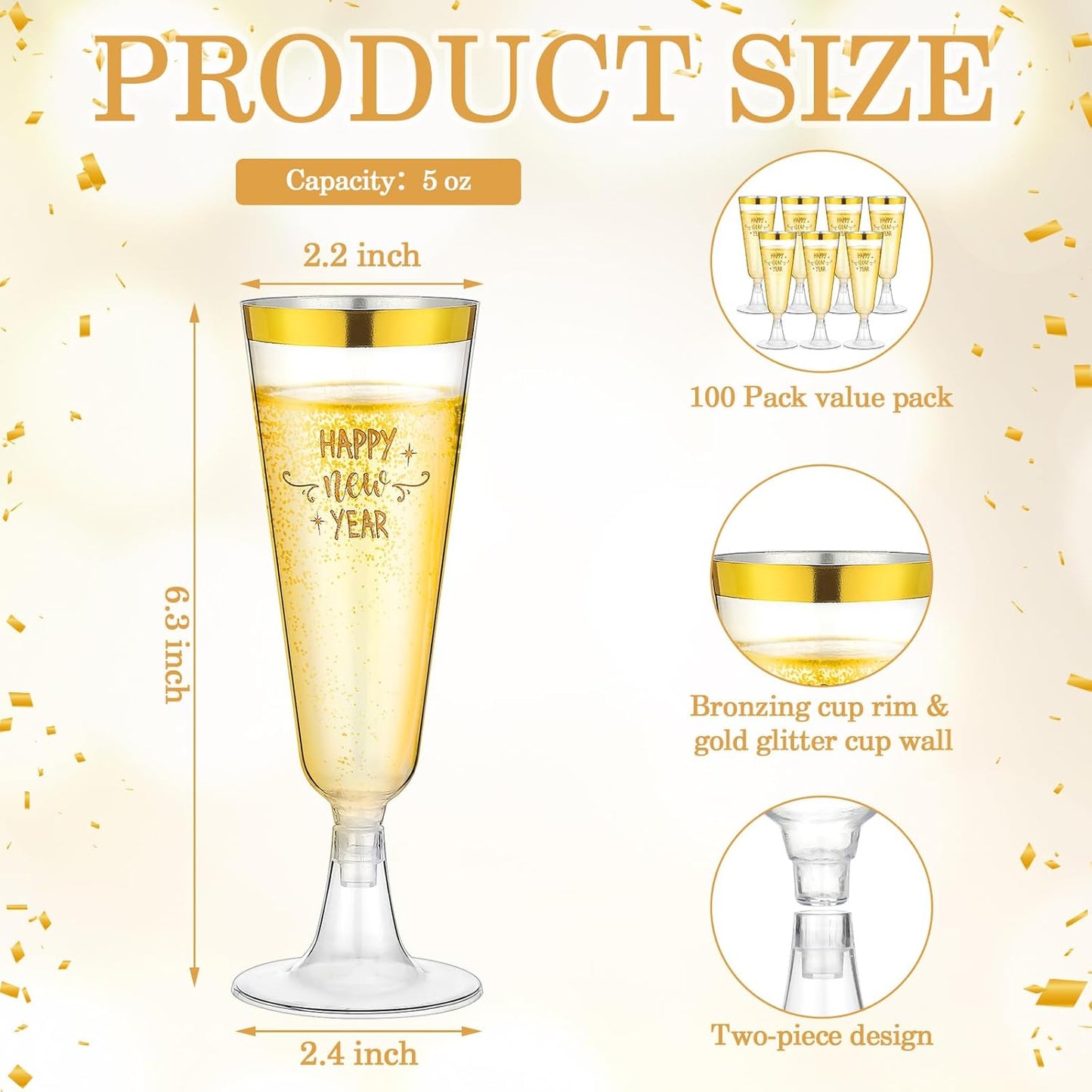 Zhehao 100 Pcs Plastic Champagne Flutes Bulk 5 oz Disposable Happy New Years Wine Glass Gold Rim Champagne Glasses for New Years Eve Toasting Drinking Party Supplies 2026
