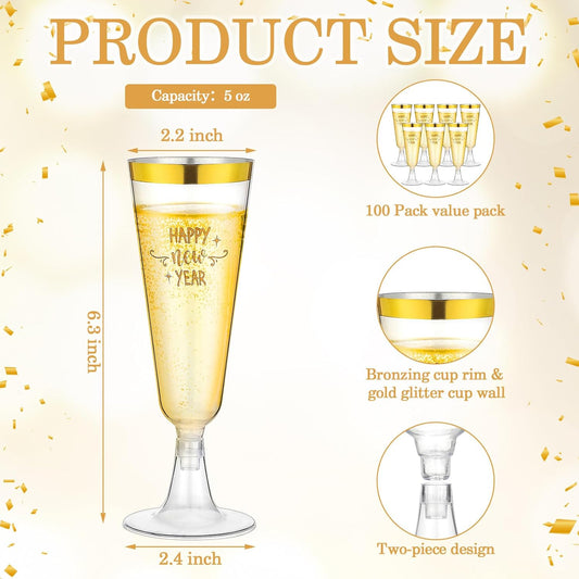 Zhehao 100 Pcs Plastic Champagne Flutes Bulk 5 oz Disposable Happy New Years Wine Glass Gold Rim Champagne Glasses for New Years Eve Toasting Drinking Party Supplies 2026