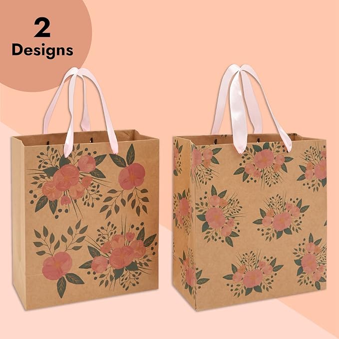 Juvale Floral Gift Bags - Reinforced Bottom & Ribbon Handles - Party Favor Bags - 8 x 4 x 9 in, Pack of 24, Pink