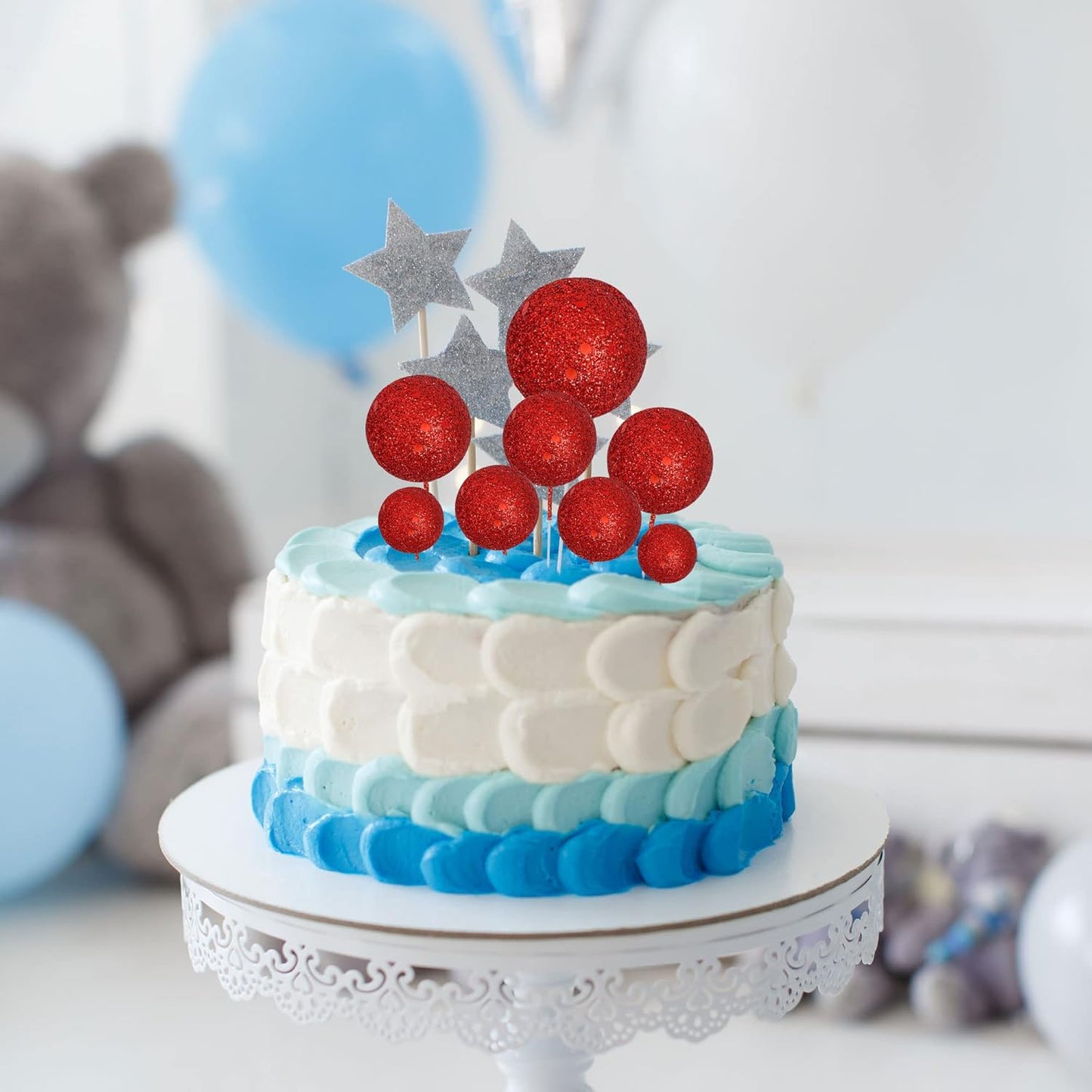 30Pcs Balls Cake Topper Glitter Foam Ball Cake Picks Mini Balloon Cupcake Insert Bubble Balls DIY Decoration for Baby Shower Wedding Anniversary Kids Birthday Graduation Party Cake Decorations Red