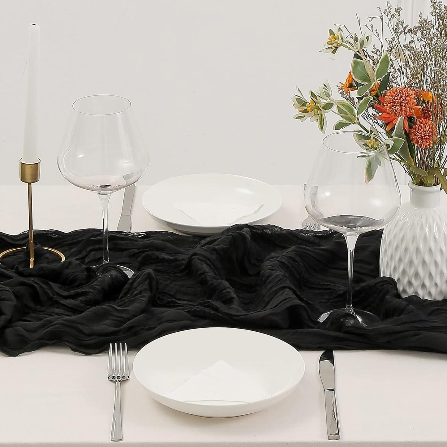DOLOPL Black Cheesecloth Table Runner 13.3ft Boho Gauze Cheese Cloth Table Runner Rustic Sheer Runner 160inch Long for Wedding Bridal Baby Shower Birthday Party Cake Table Decorations