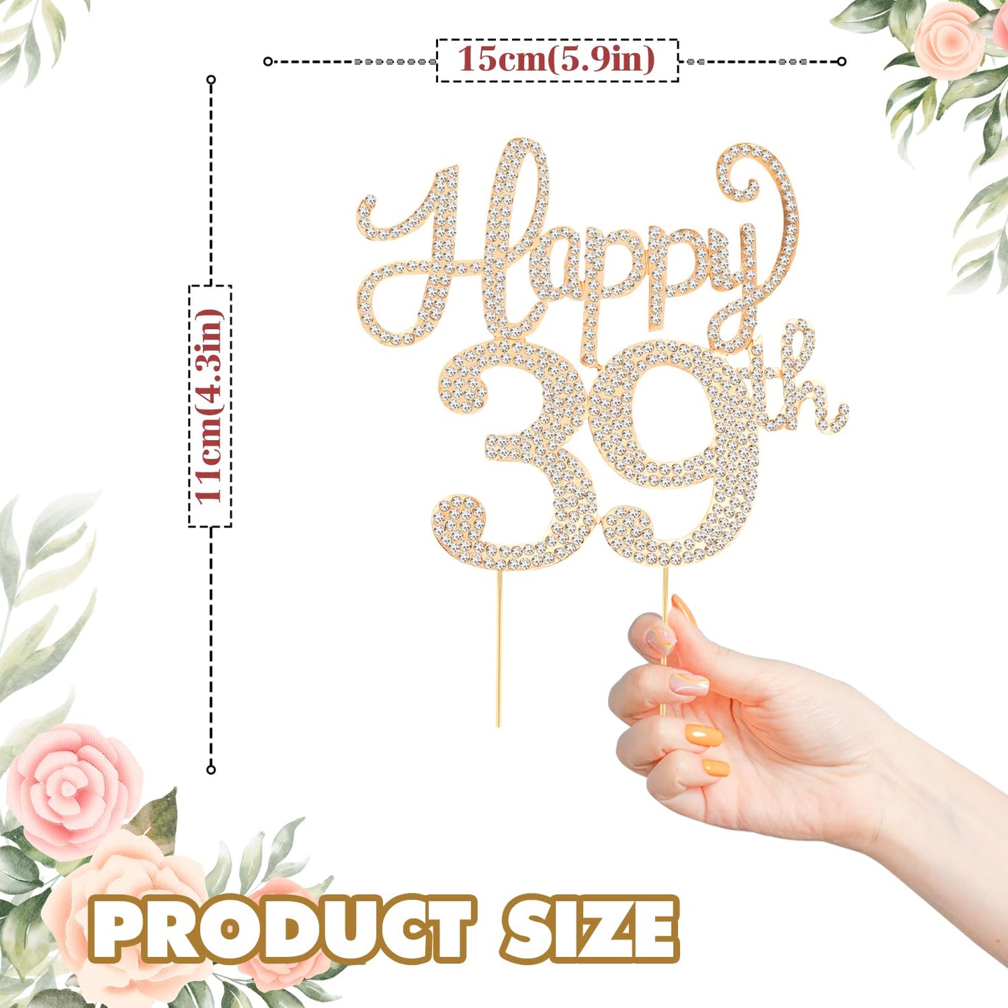 Happy 39th Birthday Decorations,39th Birthday Gold Rhinestone Cake Topper - Cheers to 39 Years Old Bday Party Metal Sparkly Cake Centerpieces Sign.