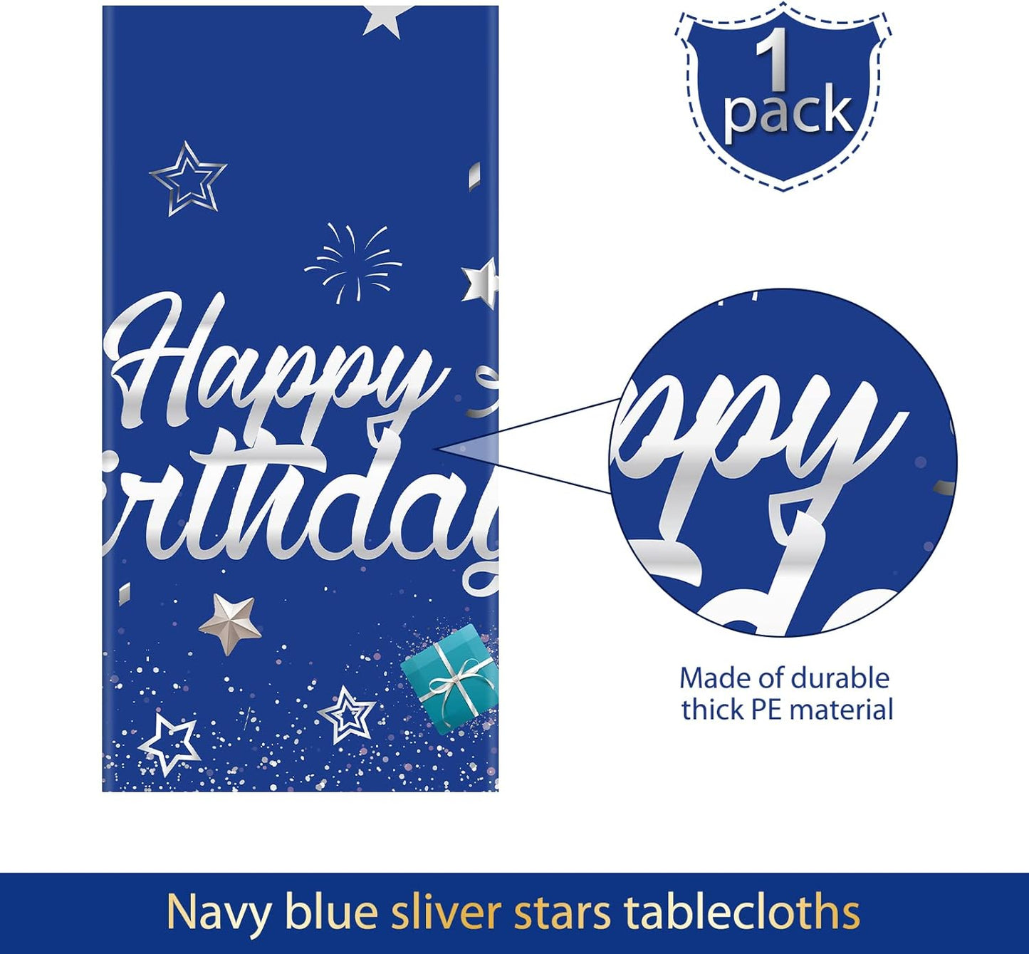 Tegeme Navy Blue Party Supplies Stars Happy Birthday Tablecloths Starry Confetti Table Covers for Kids Boys Girls Baby Shower Birthday Party Decorations(Navy Blue and Silver,1 Pack)
