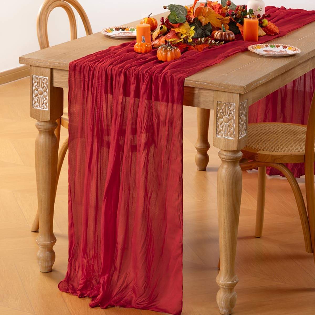 MLMC Red Table Runner 10ft Boho Rustic Gauze Fall Cheesecloth Table Runner Cheese Cloth Decor 35x120 Inches for Halloween Wedding Reception Home Winter Christmas Decor