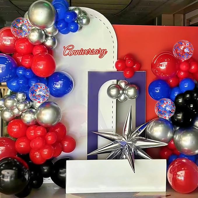 Red Black Blue Silver Balloons Garland Arch Kit, 167Pcs Latex Balloons Different Sizes 18 12 10 5 inch for Birthday Graduation Baby Shower Spider Theme Party Decorations