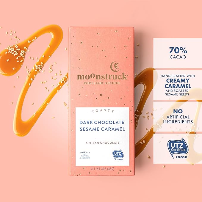 Moonstruck Chocolate Sesame Caramel Dark Chocolate Bar, 73% Cacao, 3.0oz (Pack of 12)