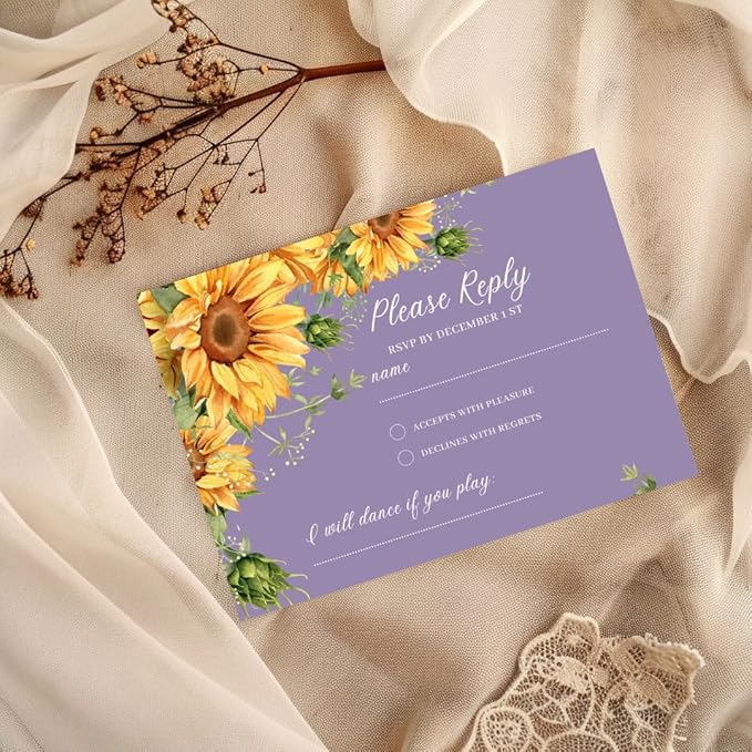 Preprinted Purple and Yellow Sunflower Wedding or Party RSVP Cards, Personalized Response Card Glossy Finish With White Envelopes, Set of 15 with Envelope, 5x3.5 inch Cards (Purple)