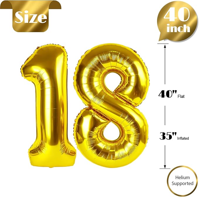 Gold Number 18 Balloon 40 inch, 18 Number Balloons, 18th Gold Birthday Decorations, 18 Year Old Girls Boys Golden Party Supplies