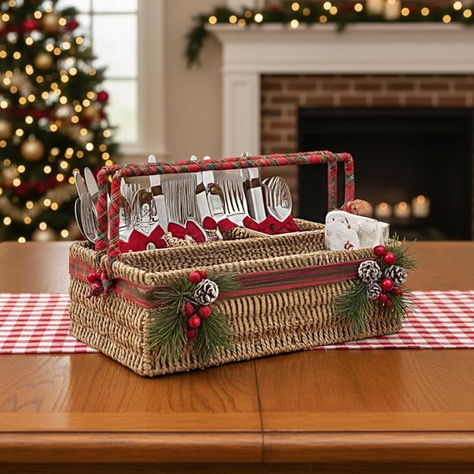 PEMAR Large L-Sized Hand Woven Utensil Caddy Carrier, Natural Jute Wicker Condiment Holder for Table, Kitchen Set Counter Top Silverware Organizer, Rustic Storage Forks, Spoons (Seagrass)