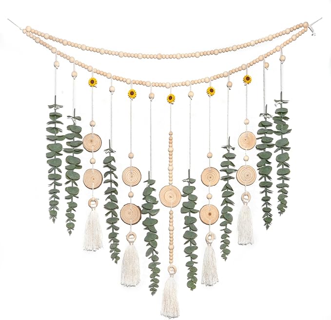 Artificial Hanging Eucalyptus Wall Decor Fake Plant Greenery Stems on 29" Sunflower Bead Garland Sage Green Boho Rustic Farmhouse Wall Art for Bathroom Bedroom Living Room