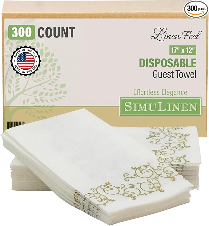 SimuLinen Gold Floral Disposable Linen Feel Bathroom Paper Towels - Soft, Cloth-Like, Single-Use, 12"x17" 300ct (Made in USA)
