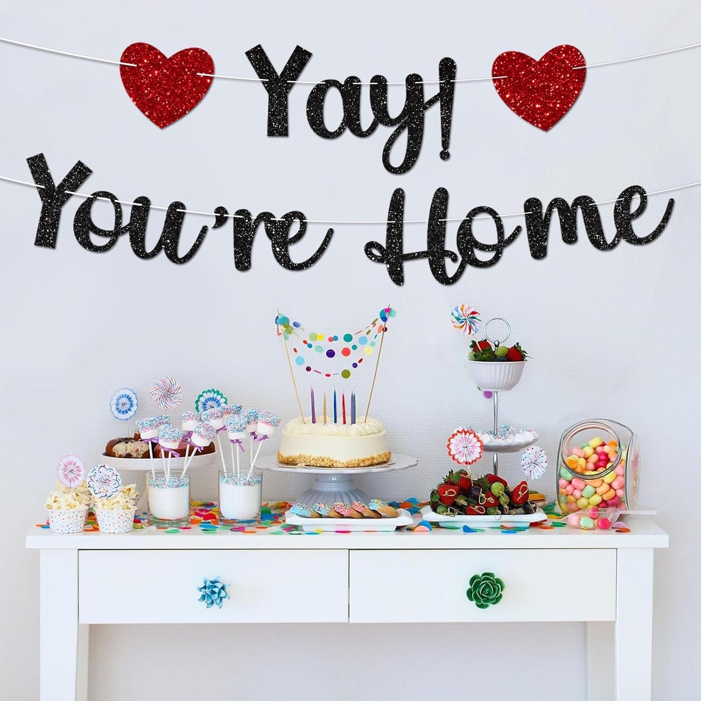 Black Glitter Welcome Home Banner, Yay! You're Home Banner for Welcome Back, Housewarming & Military Return Party Decorations & Decor, No DIY.