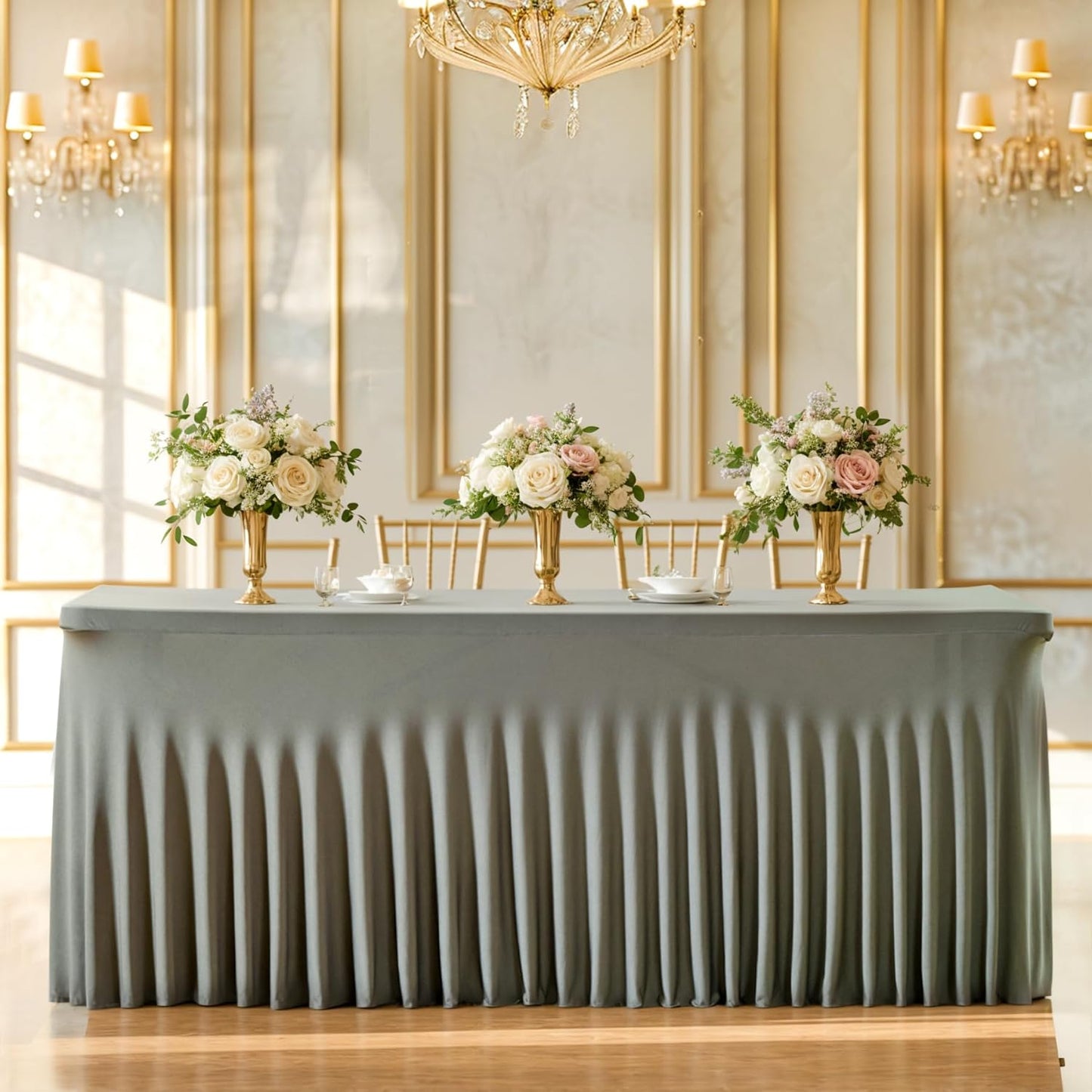 PARTISKY Gray Spandex Tablecloth for 8ft Rectangle Tables, Stretchable Table Cover Skirt for Folding Tables Weddings Parties Banquets Events Trade Shows and Dessert Table