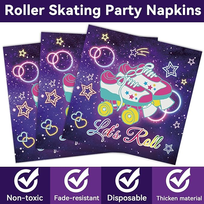 96 Pcs Roller Skating Party Supplies Let's Roll Paper Plates Napkins Roll Theme Party Decorations Roller Skate Dinnerware Roller Skating Birthday Party Favor Kids Baby Shower Party Tableware Serves 24