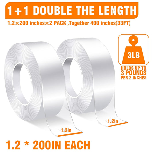 Double Sided Tape Heavy Duty 2 Pack, 1.2 Inch x 400 Inch ，Extra Large Nano Double Sided Adhesive Tape for Walls, Carpets, and Posters - Removable Reusable, Washable(33.3FT)
