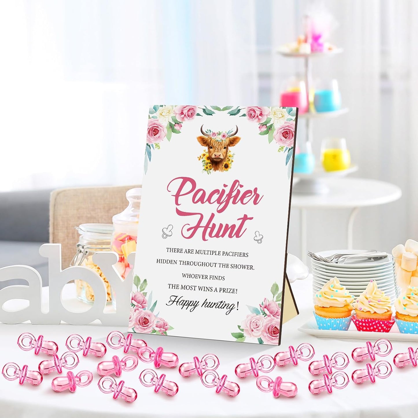 Thyle 51 Pcs Pacifier Hunt Baby Shower Games Include Hunt Sign and 50 Acrylic Pacifiers for Baby Shower Game Decoration Gift Sets Gender Reveal Party Decor(Highland Cow)