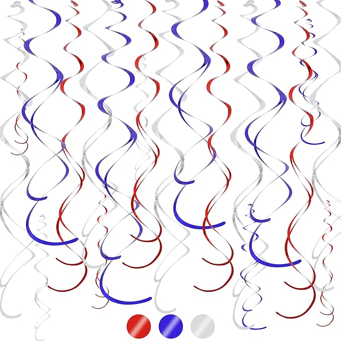BEISHIDA Red Blue Silver Hanging Swirls Party Decorations Plastic Streamer for 4th of The July Independence Day Patriotic Decorations, Birthday Baseball Party Supplies, Pack of 24