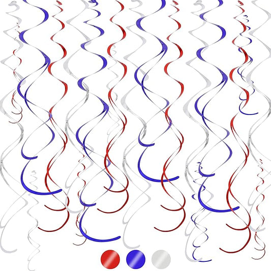 BEISHIDA Red Blue Silver Hanging Swirls Party Decorations Plastic Streamer for 4th of The July Independence Day Patriotic Decorations, Birthday Baseball Party Supplies, Pack of 24