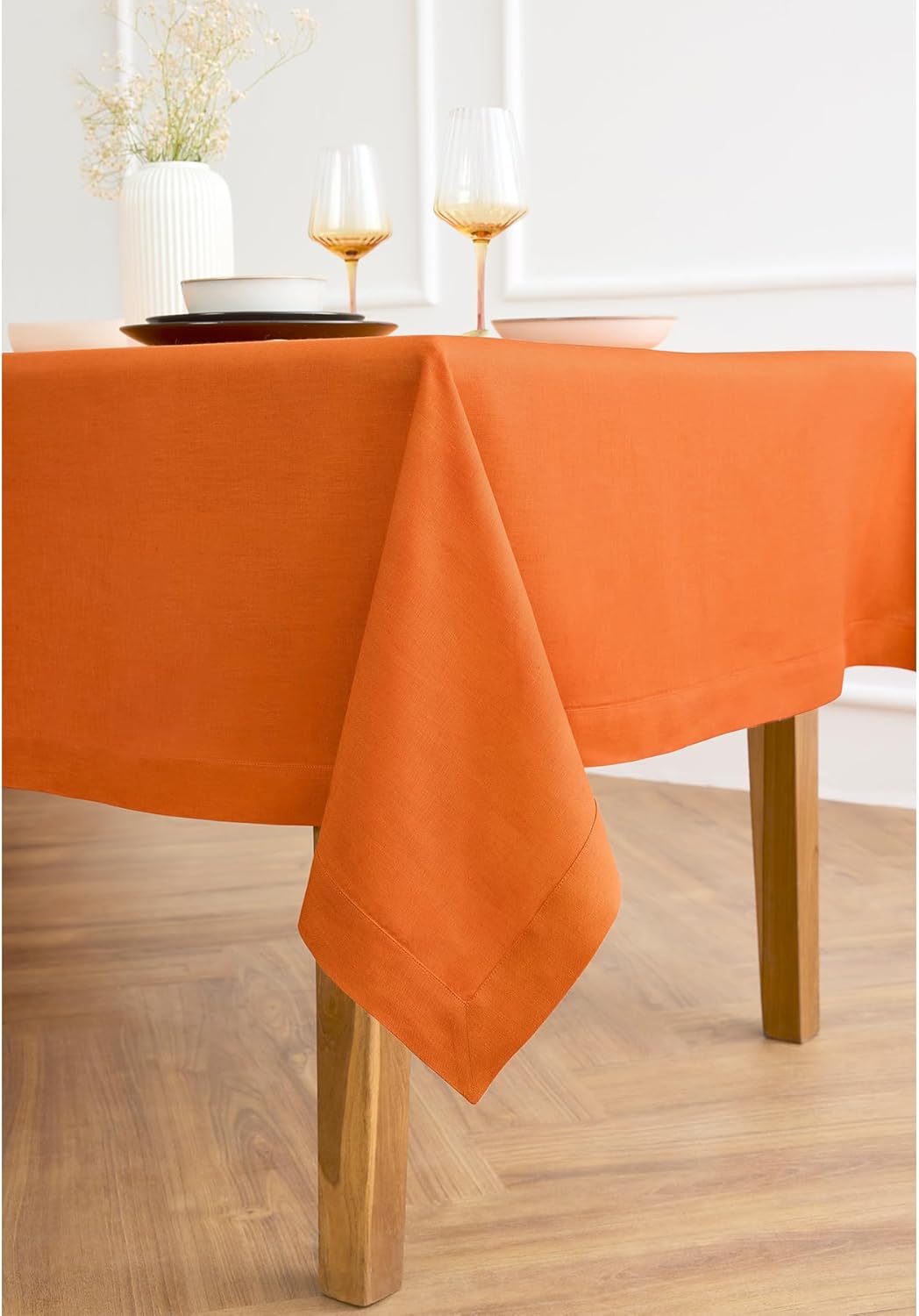 Solino Home Linen Tablecloth for Rectangle Tables 60 x 108 Inch - 100% Pure Linen Persimmon Orange Table Cloth - Fete, Machine Washable Cloth Tablecloth for Fall, Autumn, Halloween, Thanksgiving