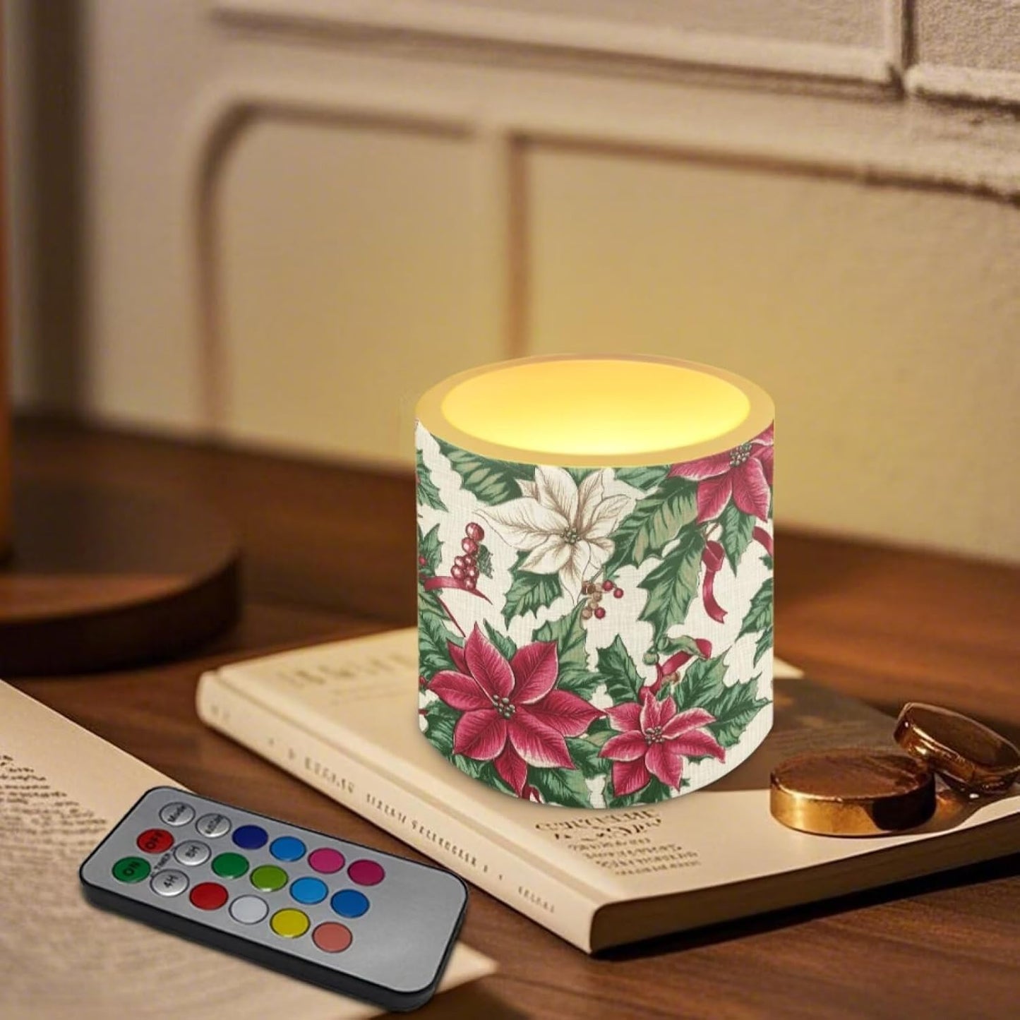 Poceacles Christmas LED Candles Set of 4 with Remote Timer, Multi-Color Flickering Flameless Battery Operated Candles Elegant Home Desktop Tabletop Decorations, Poinsettia Flower