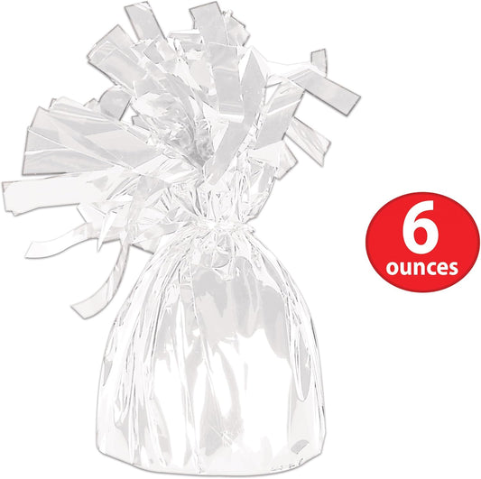 Beistle White Metallic Plastic Wrapped Balloon Weights For Birthday Parties, Weddings, Anniversaries, Table Décor, Celebrating With You Since 1900, 5.5" x 2.5", 6 Piece
