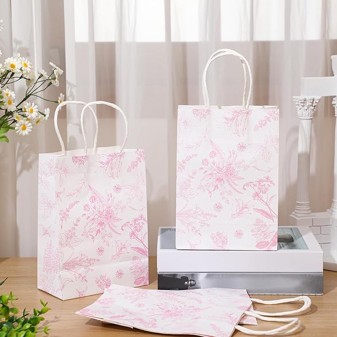 Gueevin 24 Pcs Pink Floral Gift Bags Bulk Flower Party Small Paper Bags with Handles Decorative Packaging Goodie Candy Treat Pouches for Wedding Birthday Tea Party, 5.9 x 8.3 x 3.1 Inch