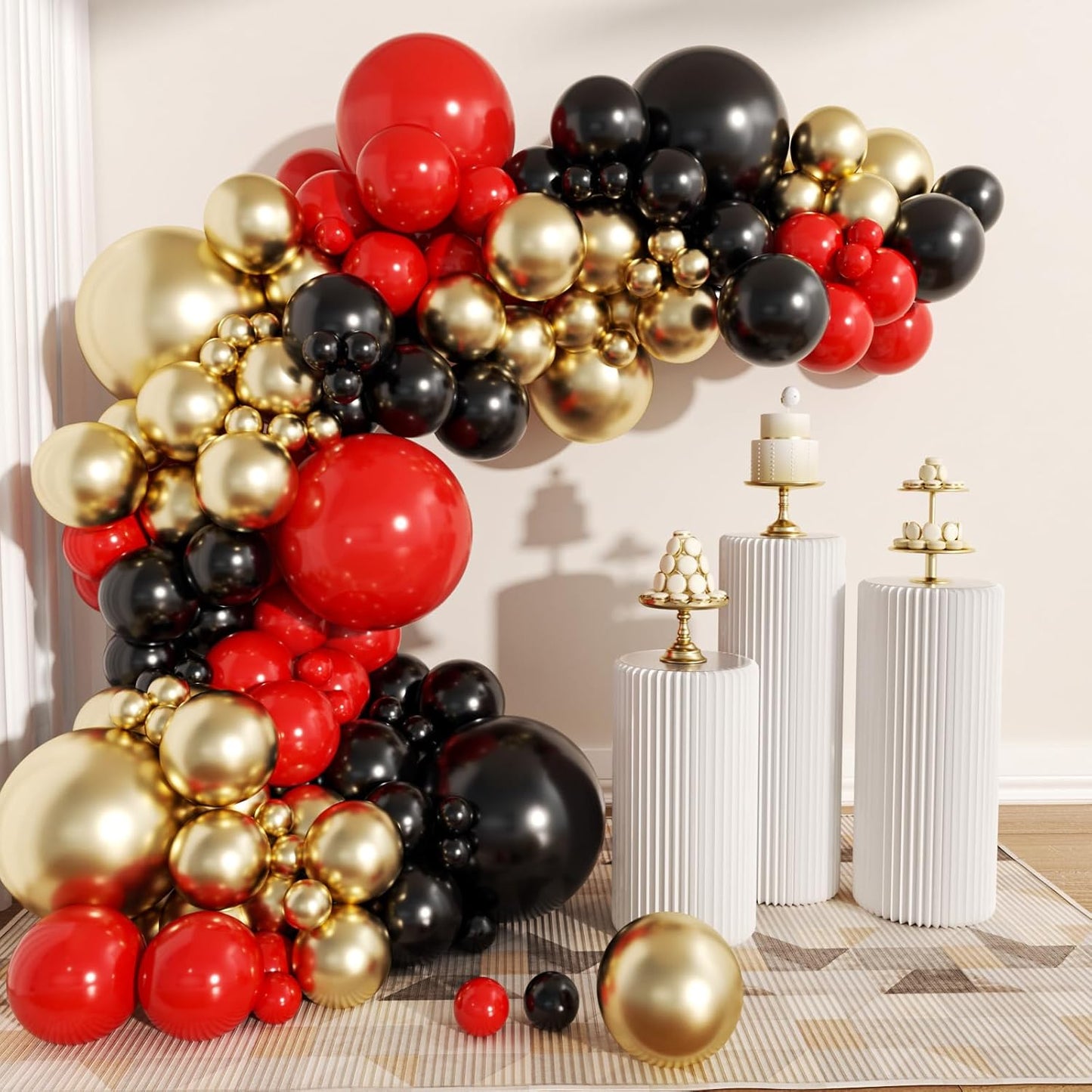 62 Pcs 12 Inch Black Red Gold Balloons Arch Kit, Red and Black Metallic Gold Confetti Party Balloons with Ribbons for Birthday, Wedding, Baby Shower, Graduation Decorations